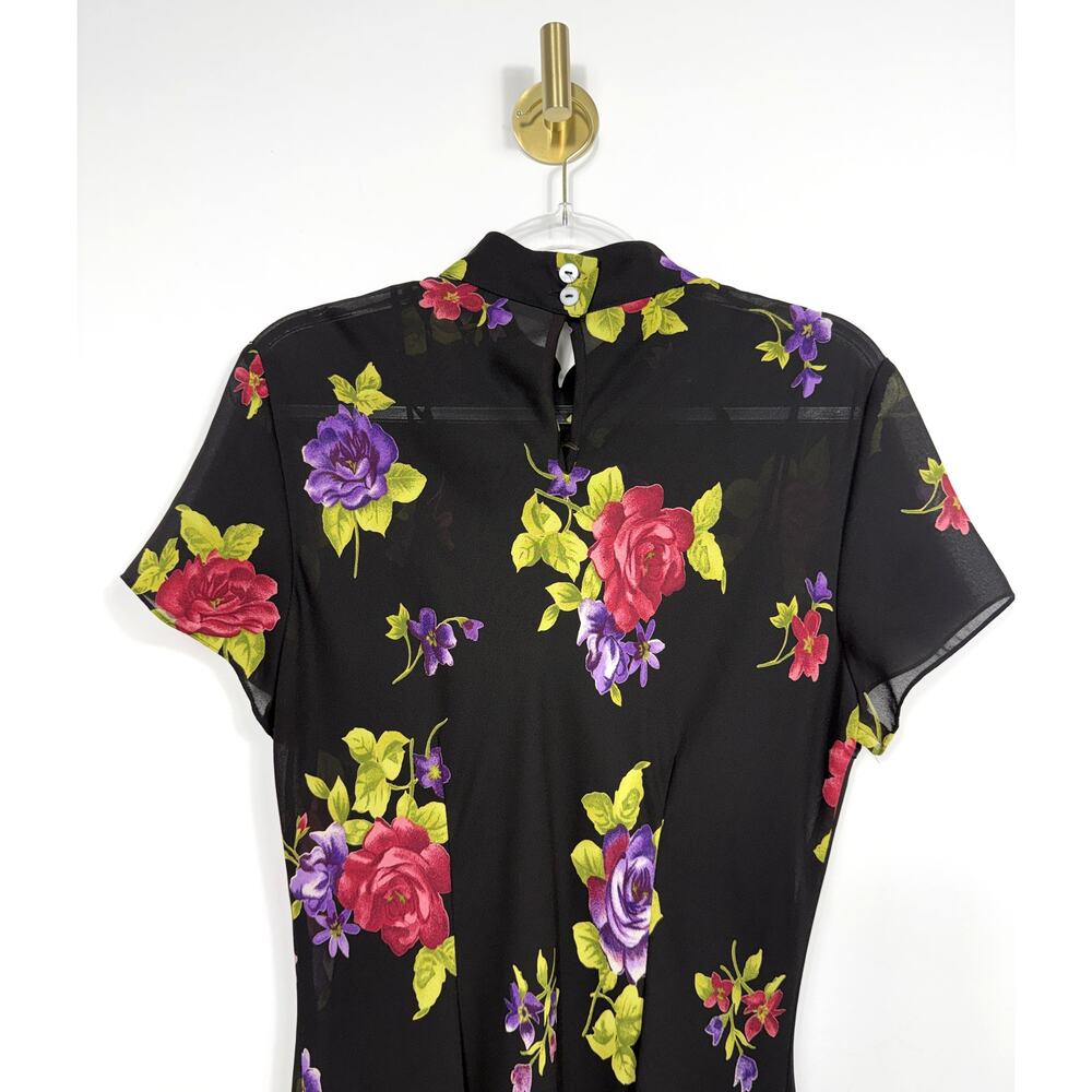 90s vintage Ronni Nicole black floral qipao cheongsam Sz 14 maxi dress - Picture 8 of 15